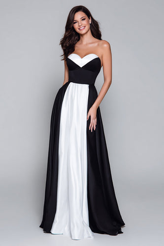 Black and White Satin Sweetheart A Line Long Formal Dress