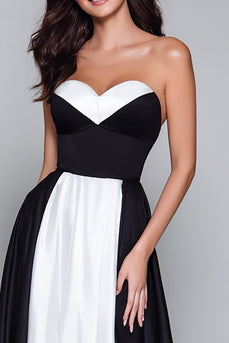 Black and White Satin Sweetheart A Line Long Formal Dress