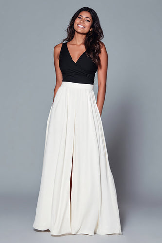 Black and White Satin A Line V-Neck Long Formal Dress