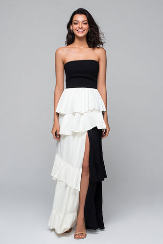 Black and White Sheath Tiered Strapless Long Formal Dress with Slit