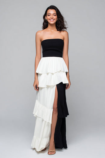 Black and White Sheath Tiered Strapless Long Formal Dress with Slit