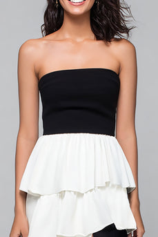 Black and White Sheath Tiered Strapless Long Formal Dress with Slit
