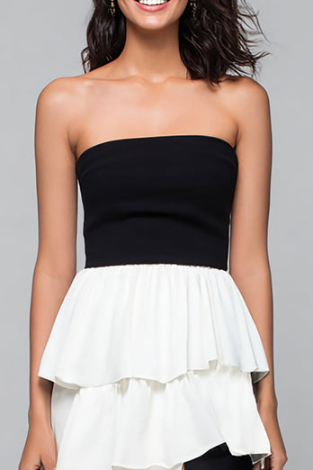 Black and White Sheath Tiered Strapless Long Formal Dress with Slit