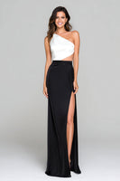 Load image into Gallery viewer, Black and White Satin Sheath Cut Out Long Formal Dress with Slit