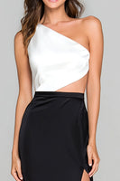 Load image into Gallery viewer, Black and White Satin Sheath Cut Out Long Formal Dress with Slit