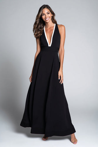 Black and White Satin Deep V-Neck A Line Long Formal Dress