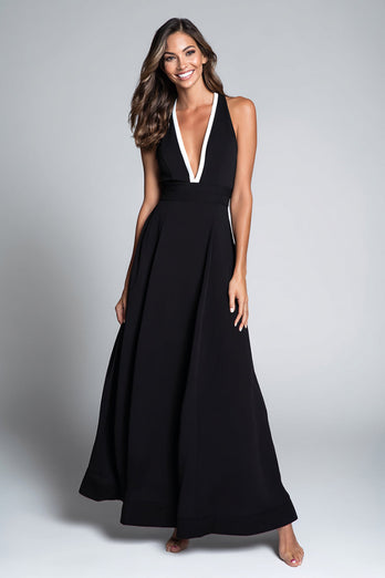 Black and White Satin Deep V-Neck A Line Long Formal Dress