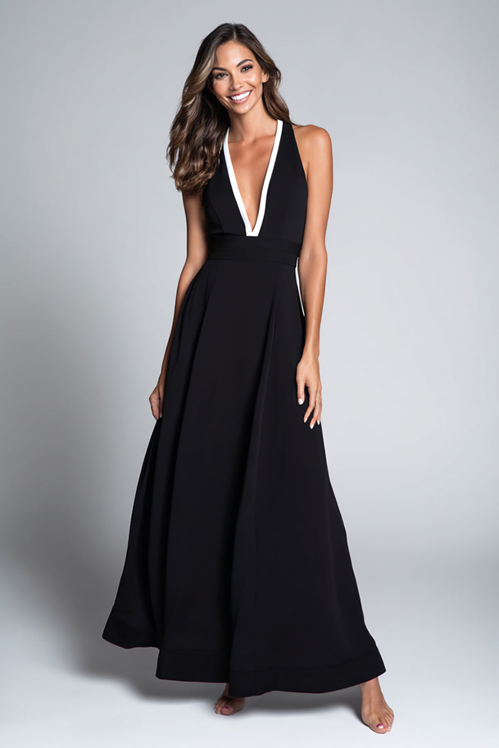 Black and White Satin Deep V-Neck A Line Long Formal Dress