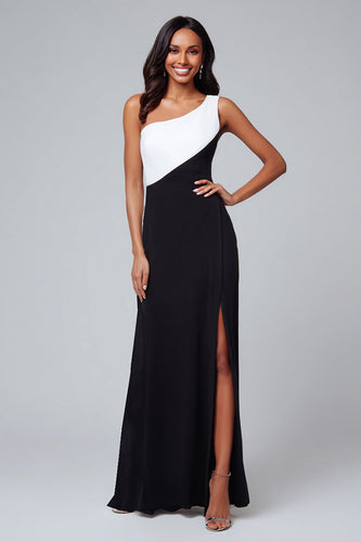 Black and White Satin Patchwork One Shoulder Long Formal Dress with Slit