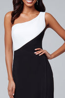 Load image into Gallery viewer, Black and White Satin Patchwork One Shoulder Long Formal Dress with Slit