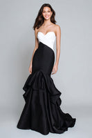 Load image into Gallery viewer, Black and White Mermaid Satin Patchwork Long Formal Dress with Ruffles