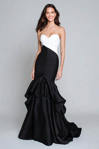 Black and White Mermaid Satin Patchwork Long Formal Dress with Ruffles