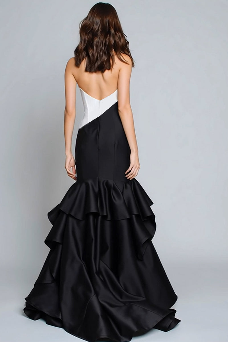 Load image into Gallery viewer, Black and White Mermaid Satin Patchwork Long Formal Dress with Ruffles