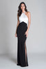 Load image into Gallery viewer, Black and White Satin Mermaid Halter Long Formal Dress with Slit