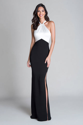 Black and White Satin Mermaid Halter Long Formal Dress with Slit