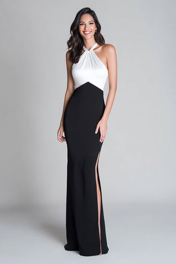 Black and White Satin Mermaid Halter Long Formal Dress with Slit