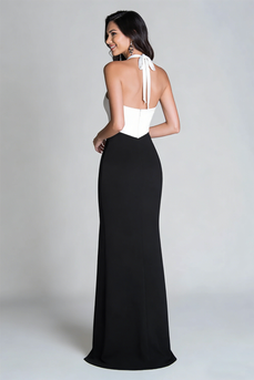 Black and White Satin Mermaid Halter Long Formal Dress with Slit