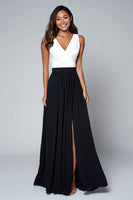 Load image into Gallery viewer, Black and White A Line V-Neck Ruched Long Formal Dress with Slit