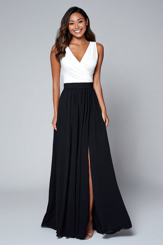 Black and White A Line V-Neck Ruched Long Formal Dress with Slit