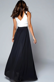 Black and White A Line V-Neck Ruched Long Formal Dress with Slit