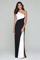 Load image into Gallery viewer, Black and White Satin One Shoulder Patchwork Long Formal Dress with Slit