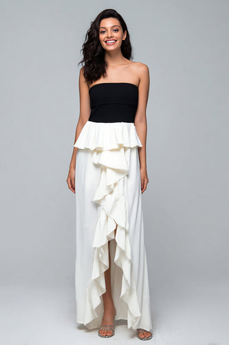 Black and White Satin Strapless High-Low Formal Dress with Ruffles