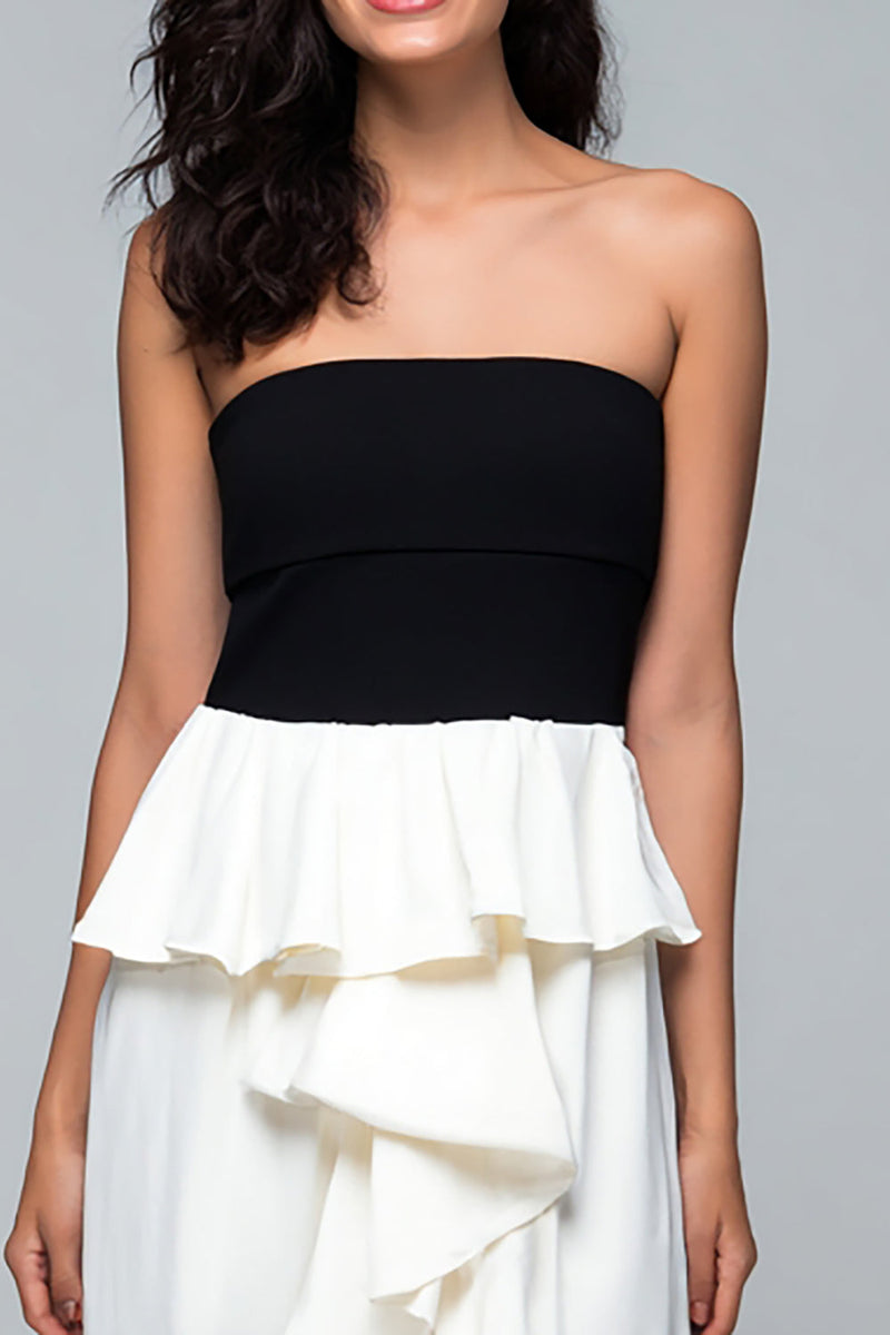 Load image into Gallery viewer, Black and White Satin Strapless High-Low Formal Dress with Ruffles