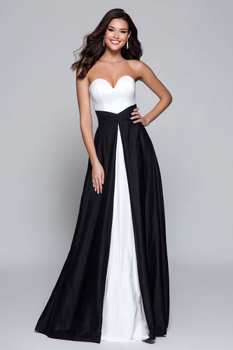 Black and White Satin Patchwork Sweetheart Long Formal Dress