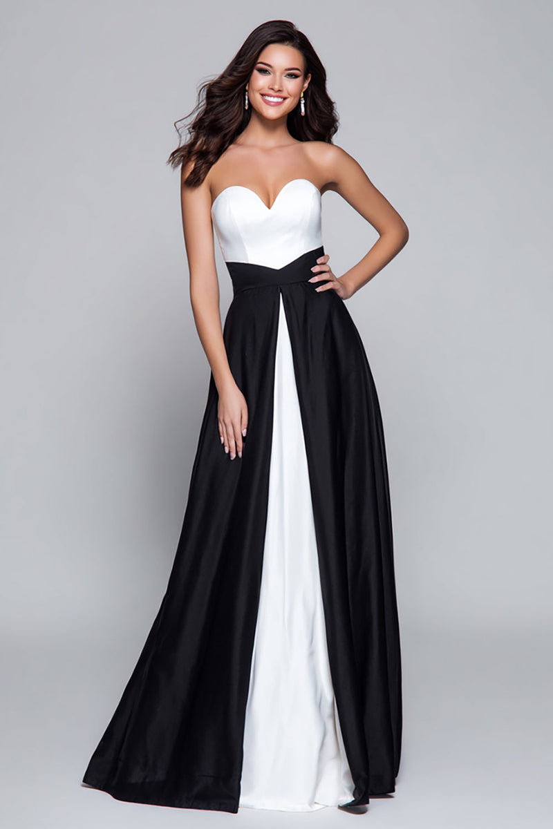 Load image into Gallery viewer, Black and White Satin Patchwork Sweetheart Long Formal Dress