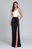 Load image into Gallery viewer, Black and White Satin One Shoulder Cut Out Long Formal Dress with Slit