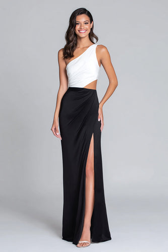 Black and White Satin One Shoulder Cut Out Long Formal Dress with Slit