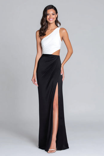 Black and White Satin One Shoulder Cut Out Long Formal Dress with Slit