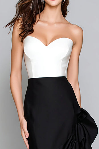 Black and White Satin Mermaid Ruffled Long Formal Dress