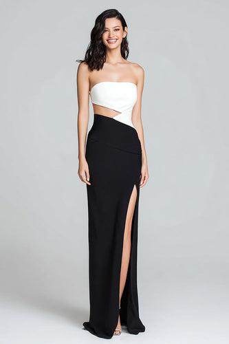 Black and White Satin Cut Out Strapless Long Formal Dress with Slit
