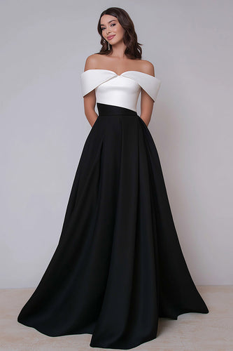 Black and White Off the Shoulder Satin A Line Long Formal Dress