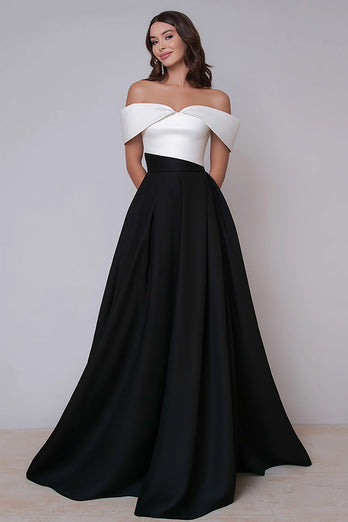 Black and White Off the Shoulder Satin A Line Long Formal Dress