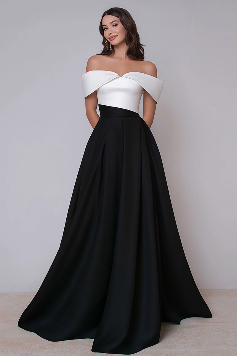 Load image into Gallery viewer, Black and White Off the Shoulder Satin A Line Long Formal Dress
