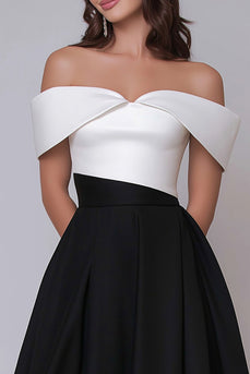 Black and White Off the Shoulder Satin A Line Long Formal Dress