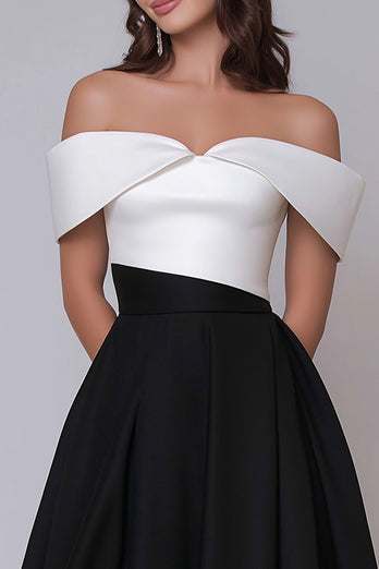Black and White Off the Shoulder Satin A Line Long Formal Dress