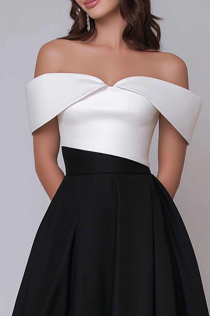 Load image into Gallery viewer, Black and White Off the Shoulder Satin A Line Long Formal Dress