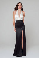 Load image into Gallery viewer, Black and White Satin Halter V-Neck Long Formal Dress with Slit