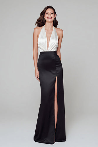 Black and White Satin Halter V-Neck Long Formal Dress with Slit