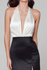 Load image into Gallery viewer, Black and White Satin Halter V-Neck Long Formal Dress with Slit
