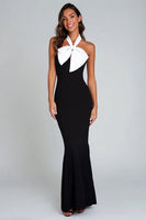 Load image into Gallery viewer, Black and White Mermaid Satin Long Formal Dress with Bow