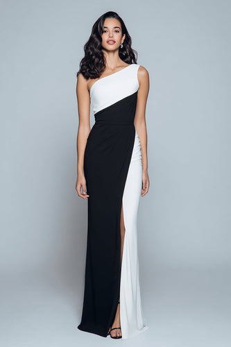 Black and White Satin One Shoulder Patchwork Long Formal Dress with Slit