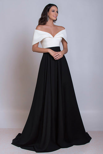 Black and White Satin A Line Off the Shoulder Long Formal Dress