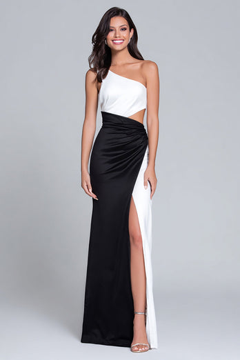 Black and White One Shoulder Satin Long Formal Dress with Slit