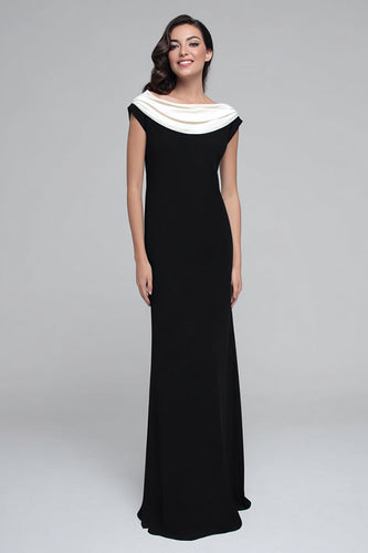 Black and White Satin Sheath Boat Neck Long Formal Dress