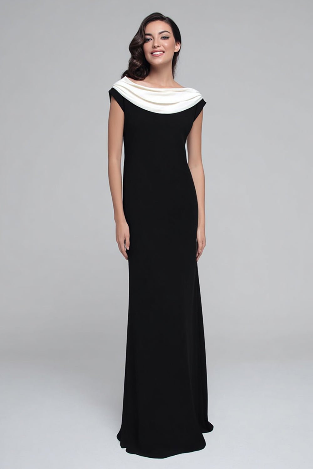 Black and White Satin Sheath Boat Neck Long Formal Dress