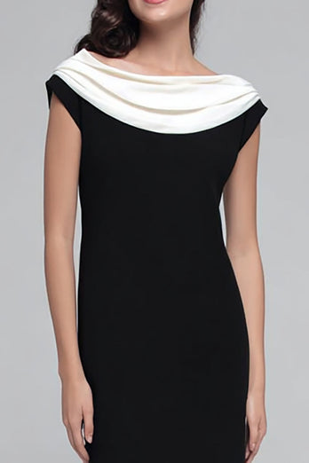 Black and White Satin Sheath Boat Neck Long Formal Dress
